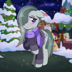 Size: 2048x2048 | Tagged: safe, artist:ravenirik, marble pie, earth pony, pony, g4, blushing, breath, christmas, christmas lights, christmas tree, clothes, cute, high res, holiday, marblebetes, scarf, snow, snowfall, solo focus, tree