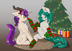 Size: 1479x1047 | Tagged: safe, artist:wbp, oc, oc only, oc:silph, oc:sourichan, pony, boop, christmas, christmas tree, clothes, holiday, noseboop, seductive look, simple background, sitting, socks, striped socks, tree