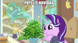 Size: 888x499 | Tagged: safe, edit, edited screencap, screencap, phyllis, starlight glimmer, pony, unicorn, a horse shoe-in, g4, caption, christmas, cute, glimmerbetes, holiday, image macro, imgflip, pun, text