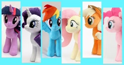 Size: 1016x533 | Tagged: safe, artist:nekokevin, applejack, fluttershy, pinkie pie, rainbow dash, rarity, twilight sparkle, earth pony, pegasus, pony, unicorn, g4, applejack's hat, cowboy hat, female, freckles, hat, irl, looking at you, mane six, mare, photo, plushie, side view, smiling, spread wings, unicorn twilight, wings