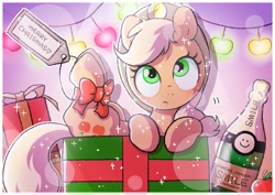 Size: 1457x1032 | Tagged: safe, artist:mochi_nation, applejack, earth pony, pony, g4, alcohol, applejack's hat, bottle, box, champagne, christmas, christmas lights, cowboy hat, cute, fairy lights, hat, holiday, jackabetes, pony in a box, present, ribbon, solo, sparkles, string lights, wine