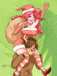 Size: 1223x1620 | Tagged: safe, artist:traupa, pinkie pie, oc, oc:copper plume, human, g4, animal costume, antlers, bag, breasts, busty pinkie pie, canon x oc, carrying, christmas, christmas stocking, clothes, commission, commissioner:imperfectxiii, copperpie, costume, female, freckles, glasses, gloves, hat, holiday, humanized, long gloves, male, red nose, reindeer antlers, reindeer costume, santa hat, shipping, shoes, shoulder ride, smiling, socks, straight, striped socks, striped stockings