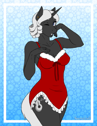 Size: 3000x3900 | Tagged: safe, artist:hasana-chan, oc, oc only, oc:aerye, unicorn, anthro, unguligrade anthro, anthro oc, breasts, christmas, clothes, commission, digital art, eyes closed, female, gift art, hearth's warming eve, high res, holiday, horn, mare, solo, unicorn oc