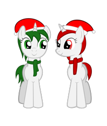 Size: 1520x1780 | Tagged: safe, artist:strategypony, oc, oc only, oc:reno, oc:ruby, pony, unicorn, christmas, clothes, female, hat, holiday, looking at each other, santa hat, scarf, siblings, simple background, sisters, transparent background
