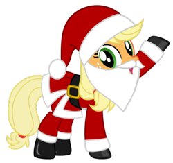 Size: 1024x963 | Tagged: artist needed, safe, applejack, earth pony, pony, g4, belt, boots, christmas, clothes, costume, fake beard, female, hat, holiday, looking at you, mare, raised hoof, santa beard, santa claus, santa costume, santa hat, shoes, simple background, transparent background, vector