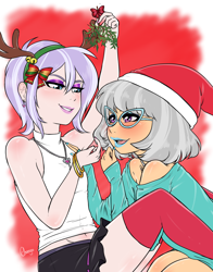 Size: 3600x4600 | Tagged: safe, artist:chango-tan, diamond tiara, silver spoon, human, g4, alternate hairstyle, antlers, blushing, christmas, clothes, female, glasses, hat, holiday, humanized, lesbian, lipstick, makeup, mistletoe, older, older diamond tiara, older silver spoon, reindeer antlers, santa hat, ship:silvertiara, shipping, short hair, socks, thigh highs