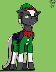 Size: 900x1165 | Tagged: safe, artist:warskunk, oc, oc only, oc:warskunk, bat pony, pony, bat pony oc, bat wings, christmas outfit, clothes, fangs, floppy ears, folded wings, green background, hat, male, simple background, solo, stallion, wings