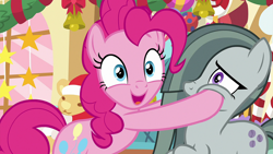 Size: 1920x1080 | Tagged: safe, screencap, marble pie, pinkie pie, earth pony, pony, g4, my little pony best gift ever, cheek squish, duo, female, mare, nose wrinkle, open mouth, open smile, siblings, smiling, squishy cheeks