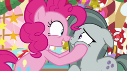 Size: 1920x1080 | Tagged: safe, screencap, marble pie, pinkie pie, earth pony, pony, best gift ever, g4, boop, cheek squish, duo, female, mare, nose wrinkle, noseboop, open mouth, open smile, scrunchy face, siblings, smiling, squishy cheeks