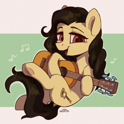 Size: 2000x2000 | Tagged: safe, artist:cherry_kotya, oc, oc only, oc:clementine rosemary, earth pony, pony, full body, guitar, high res, music notes, musical instrument, simple background, singing, solo