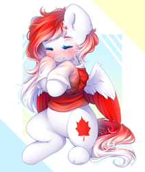 Size: 3000x3539 | Tagged: safe, artist:sweesear, oc, oc only, oc:making amends, pegasus, pony, blushing, clothes, colored wings, commission, eyes closed, female, high res, mare, rule 63, shirt, solo, two toned wings, wings, ych result