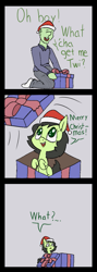 Size: 491x1383 | Tagged: safe, artist:happy harvey, oc, oc:anon, oc:filly anon, earth pony, human, pony, adult, bow, christmas, clothes, colored pupils, confused, female, filly, gray background, hat, holiday, implied twilight sparkle, looking up, male, offscreen character, pajamas, phone drawing, present, ribbon, santa hat, simple background, socks, transformation, transgender transformation
