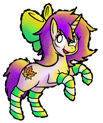 Size: 1955x2328 | Tagged: safe, artist:clarissa arts, oc, oc only, oc:mable syrup, pony, unicorn, blind, bow, clothes, cutie mark, leaf, purple hair, simple background, socks, solo, striped socks, stylized, transparent background, yoshi's island