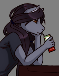 Size: 320x409 | Tagged: safe, artist:imreer, oc, oc only, earth pony, anthro, bust, clothes, drinking, earth pony oc, female, gray background, simple background, solo