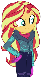 Size: 1547x2906 | Tagged: safe, artist:sketchmcreations, sunset shimmer, equestria girls, equestria girls series, holidays unwrapped, saving pinkie's pie, spoiler:eqg series (season 2), clothes, coat, determined, female, gloves, hand on hip, raised eyebrow, simple background, smiling, transparent background, vector, winter outfit