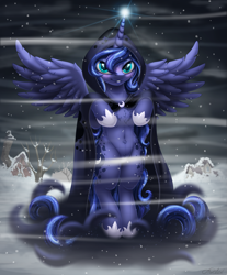 Size: 2111x2551 | Tagged: safe, alternate version, artist:awalex, part of a set, princess luna, spirit of hearth's warming yet to come, alicorn, pony, g4, bipedal, censored, female, high res, mare, night, partial nudity, ribbon, snow, snowfall, solo, strategically covered, tree, winter