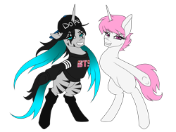 Size: 1600x1200 | Tagged: safe, artist:minelvi, oc, oc:lunelaya, pony, zebra, zebracorn, bipedal, clothes, duo, eyelashes, female, grin, hat, mare, simple background, smiling, socks, transparent background, underhoof