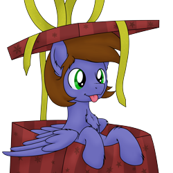 Size: 3216x3216 | Tagged: safe, artist:djdavid98, oc, oc only, oc:peeps, pegasus, pony, :p, box, cheek fluff, chest fluff, ear fluff, folded wings, gift art, high res, hoof fluff, hooves, male, pony in a box, present, secret santa, simple background, soft shading, solo, stallion, tongue out, transparent background, wings