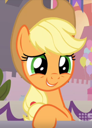 Size: 530x732 | Tagged: safe, screencap, applejack, earth pony, pony, g4, memories and more, my little pony: friendship is forever, cropped, cute, jackabetes, smiling, solo