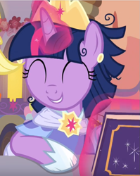 Size: 577x724 | Tagged: safe, screencap, twilight sparkle, alicorn, pony, g4, memories and more, my little pony: friendship is forever, ^^, clothes, coronation dress, cropped, crown, cute, dress, eyes closed, glowing horn, horn, jewelry, messy mane, regalia, smiling, solo, twiabetes, twilight sparkle (alicorn)