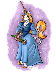 Size: 765x990 | Tagged: safe, alternate version, artist:hollyann, oc, oc only, unicorn, anthro, bouquet, clothes, cloven hooves, colored, dress, flower, flower in hair, horn, leonine tail, signature, simple background, solo, unicorn oc, unshorn fetlocks, white background