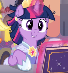 Size: 674x721 | Tagged: safe, screencap, twilight sparkle, alicorn, pony, g4, memories and more, my little pony: friendship is forever, book, clothes, coronation dress, cropped, crown, cute, dress, glowing horn, horn, jewelry, levitation, magic, regalia, smiling, solo, telekinesis, twiabetes, twilight sparkle (alicorn)