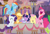 Size: 933x627 | Tagged: safe, screencap, applejack, fluttershy, pinkie pie, rainbow dash, rarity, spike, twilight sparkle, alicorn, earth pony, pegasus, pony, unicorn, g4, memories and more, the last problem, spoiler:memories and more, clothes, coronation dress, cropped, crown, cute, dress, eyes closed, female, flying, hoof shoes, jewelry, laughing, mane seven, mane six, mare, mawshot, offscreen character, open mouth, regalia, second coronation dress, sitting, twilight sparkle (alicorn), uvula, volumetric mouth