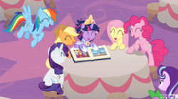 Size: 1181x655 | Tagged: safe, screencap, applejack, fluttershy, pinkie pie, rainbow dash, rarity, spike, starlight glimmer, twilight sparkle, alicorn, earth pony, pegasus, pony, unicorn, g4, memories and more, spoiler:memories and more, book, cropped, cute, flying, group, laughing, mane six, offscreen character, open mouth, sitting, table, twilight sparkle (alicorn)