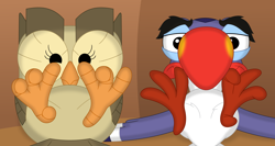 Size: 3566x1890 | Tagged: safe, artist:porygon2z, owlowiscious, bird, hornbill, owl, g4, crossover, disney, duo, feet, fetish, foot fetish, foot focus, looking at you, the lion king, toes, wiggling toes, zazu