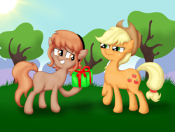 Size: 4032x3024 | Tagged: safe, artist:background basset, derpibooru exclusive, applejack, oc, oc:thingpone, g4, angry, duo, duo female, female, gift giving, present
