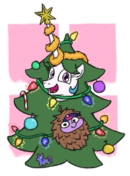 Size: 680x917 | Tagged: safe, artist:jargon scott, princess celestia, princess luna, twilight sparkle, alicorn, pony, unicorn, g4, bauble, being a christmas tree, candy, candy cane, christmas, christmas lights, christmas ornament, christmas star, christmas tree, cute, cutelestia, decoration, duo, duo focus, female, food, happy, holiday, looking at you, mare, open mouth, open smile, pinecone, smiling, smiling at you, tinsel, tree, twiabetes, twiggie, unicorn twilight