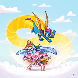 Size: 3000x2998 | Tagged: safe, artist:docwario, rainbow dash, smolder, dragon, pegasus, pony, g4, bipedal, blushing, clothes, clothes swap, cloud, commission, dragoness, dress, duo, embarrassed, female, flying, goggles, high res, jewelry, mare, non-pegasus wonderbolt, pink dress, princess rainbow dash, puffy sleeves, rainbow dash always dresses in style, scrunchy face, skirt, skirt flip, skirt lift, sky background, smolder the wonderbolt, spread wings, tiara, tomboy taming, uniform, wind, windswept mane, wings, wonderbolts uniform