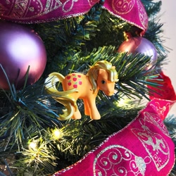 Size: 1080x1080 | Tagged: safe, applejack (g1), earth pony, pony, g1, official, christmas, christmas ornament, christmas tree, decoration, holiday, instagram, solo, tree