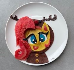 Size: 2048x1935 | Tagged: safe, fluttershy, pegasus, pony, reindeer, g4, g4.5, official, antlers, clothes, costume, food, food art, kigurumi, plate, raspberry (food), solo, strawberry, watermelon