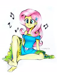 Size: 1574x2079 | Tagged: safe, artist:liaaqila, fluttershy, equestria girls, g4, barefoot, cute, feet, fetish, foot fetish, foot tapping, music notes, shyabetes, sitting, solo, tapping, traditional art