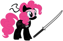 Size: 619x407 | Tagged: safe, artist:hubfanlover678, pinkie pie, earth pony, pony, g4, ninja, simple background, solo, sword, transparent background, weapon