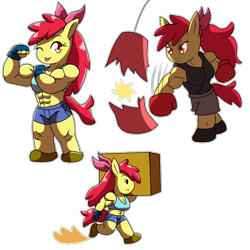 Size: 1100x1100 | Tagged: safe, artist:metadoodles, apple bloom, earth pony, anthro, g4, ;p, abs, apple brawn, box, boxing, boxing gloves, chibi, clothes, commission, female, fingerless gloves, flexing, gloves, midriff, muscles, muscular female, older, older apple bloom, one eye closed, package, punching bag, running, shorts, simple background, sports, sports bra, tongue out, transparent background, wink