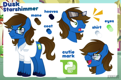 Size: 1200x798 | Tagged: safe, artist:jennieoo, oc, oc only, oc:dusk starshimmer, earth pony, pony, g4, clothes, cutie mark, glasses, glasses off, happy, male, reference sheet, sheet, shirt, shocked, shocked expression, show accurate, smiling, solo, stallion