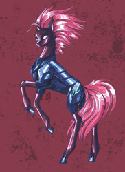 Size: 1024x1407 | Tagged: safe, artist:just-rat, tempest shadow, pony, unicorn, g4, armor, broken horn, eye scar, female, horn, mare, rearing, red background, scar, signature, simple background, solo, traditional art