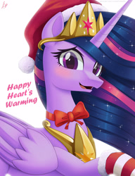 Size: 2500x3250 | Tagged: safe, artist:pyropk, twilight sparkle, alicorn, pony, g4, the last problem, bow, christmas, clothes, crown, ethereal mane, female, folded wings, hat, hearth's warming eve, high res, holiday, jewelry, mare, misspelling, nervous, older, older twilight, older twilight sparkle (alicorn), open mouth, peytral, princess twilight 2.0, regalia, santa hat, socks, solo, starry mane, striped socks, twilight sparkle (alicorn), wings