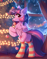 Size: 2383x3000 | Tagged: safe, artist:fensu-san, twilight sparkle, alicorn, pony, bipedal, blushing, butt, christmas, christmas tree, clothes, dock, female, frog (hoof), holiday, holly, looking at you, looking back, looking back at you, mare, mistletoe, mouth hold, ornament, plot, signature, smiling, snow, snowfall, socks, solo, striped socks, tree, twibutt, twilight sparkle (alicorn), underhoof, window