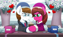 Size: 3700x2210 | Tagged: safe, artist:aarondrawsarts, oc, oc only, oc:brain teaser, oc:rose bloom, earth pony, pony, brainbloom, chocolate, christmas, clothes, coat, drinking, earth pony oc, female, floating heart, food, glasses, hat, heart, high res, holiday, hot chocolate, love, male, oc x oc, outdoors, shipping, snow, straight, straw in mouth, suit