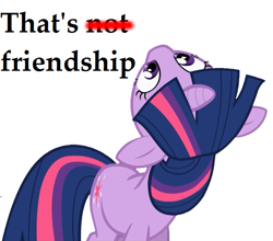 Size: 617x544 | Tagged: artist needed, safe, edit, twilight sparkle, pony, unicorn, g4, the crystal empire, caption, female, friendship, image macro, inverse, juxtaposition bait, looking up, mare, meme, reaction image, simple background, solo, text, that's not friendship, unicorn twilight, upside down, white background