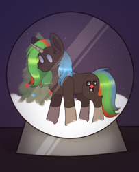 Size: 2600x3200 | Tagged: safe, artist:zerrrch, oc, oc:thinkpony, pony, unicorn, christmas, christmas tree, commission, female, high res, holiday, mare, snow, snow globe, tree, ych result