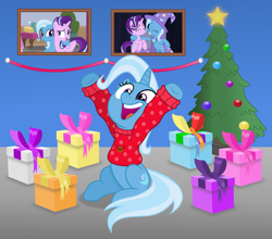 Size: 6759x5958 | Tagged: safe, artist:anime-equestria, starlight glimmer, trixie, pony, unicorn, g4, christmas, christmas sweater, christmas tree, clothes, cute, decoration, diatrixes, female, happy, holiday, jumper, picture frame, present, sitting, solo, sweater, tree