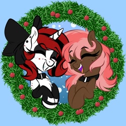 Size: 1132x1132 | Tagged: safe, artist:jen-neigh, oc, oc:lilith, oc:scarlet trace (coffee bean), earth pony, pony, unicorn, bow, clothes, collar, female, freckles, leggings, mare, wreath