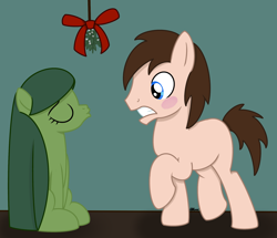 Size: 2058x1771 | Tagged: safe, artist:awgear, oc, oc:paint can, oc:polished gear, earth pony, pony, blushing, christmas, father and child, father and daughter, female, festive, holiday, incest, male, mare, mistletoe, stallion