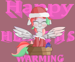 Size: 2045x1690 | Tagged: safe, artist:coffeeponee, oc, oc only, oc:coffea flower, pegasus, pony, box, chest fluff, christmas, clothes, eyes closed, female, fluffy, happy, hat, holiday, if i fits i sits, mare, plushie, santa hat, socks, spread wings, wings