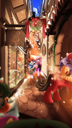 Size: 2160x3840 | Tagged: safe, artist:zvn, rainbow dash, twilight sparkle, alicorn, cat, pegasus, pony, g4, alley, christmas wreath, clothes, female, hearth's warming eve, high res, lesbian, reflection, scarf, ship:twidash, shipping, snow, snowfall, twilight sparkle (alicorn), wreath