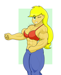 Size: 1623x1985 | Tagged: safe, artist:matchstickman, applejack, equestria girls, g4, abs, applebucking thighs, applejacked, biceps, bra, breasts, busty applejack, clothes, commission, deltoids, female, flexing, looking at you, muscles, one eye closed, pants, pecs, simple background, solo, thighs, thunder thighs, underwear, vein, white background, wink, winking at you